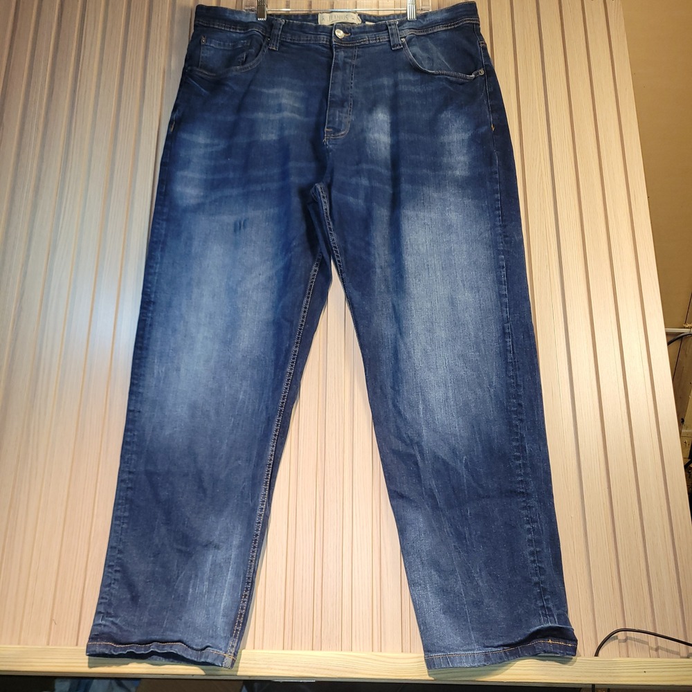Jeanius Akademiks Mens 44x32 Medium Wash Straight Leg Stretch Denim Jeans Blue